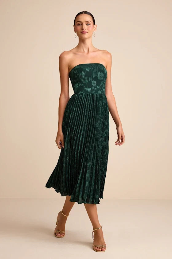 Perfectly Stunning Emerald Jacquard Strapless Midi Dress